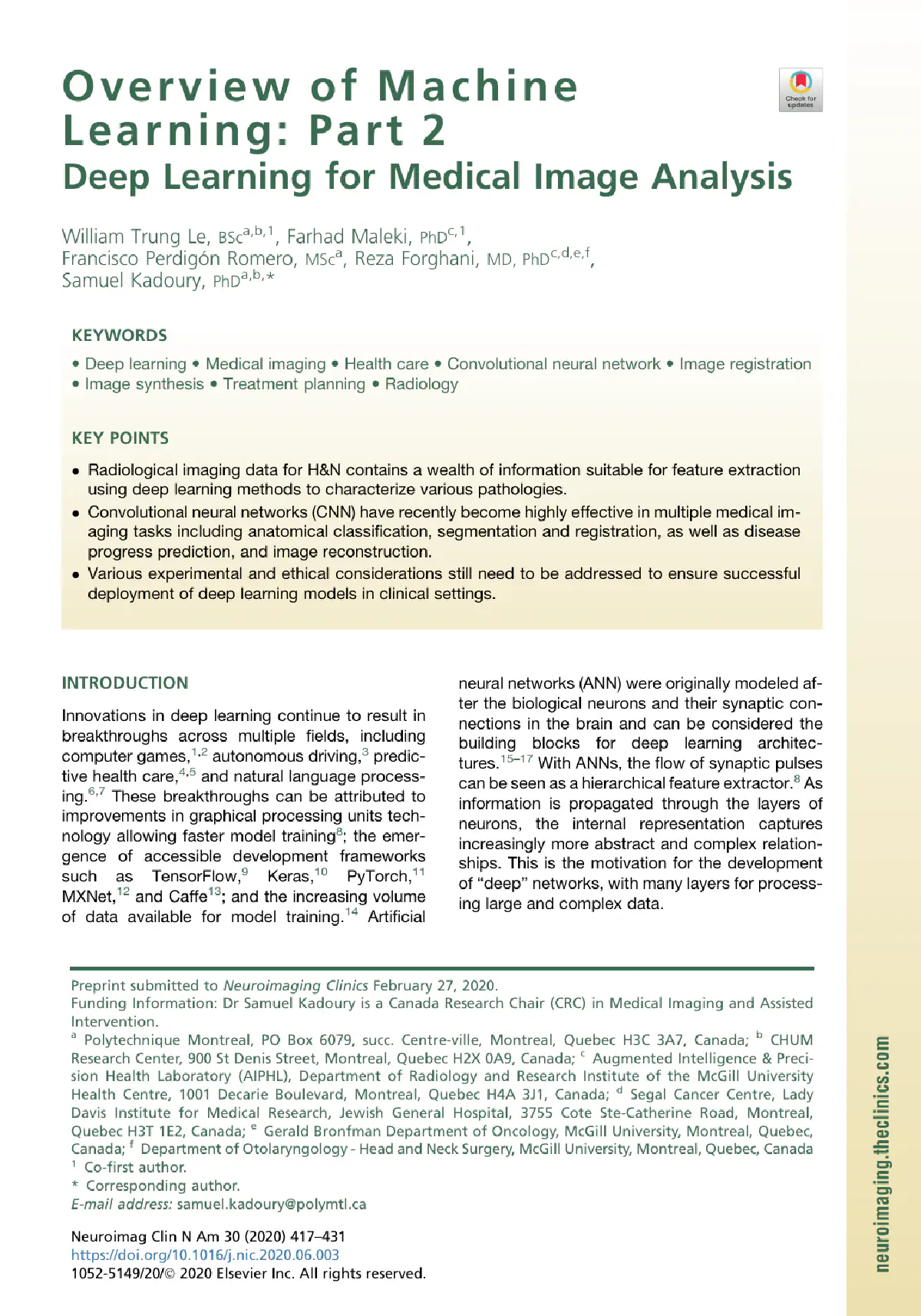 Review Overview of machine learning: part 2: deep learning for medial image analysis